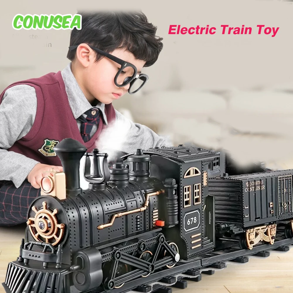 Treno elettrico per bambini Pista giocattolo Ferrovia Set da fumo classico Binario Treno a vapore retrò Locomotiva Playset Modello di camion Giocattolo Ragazzi