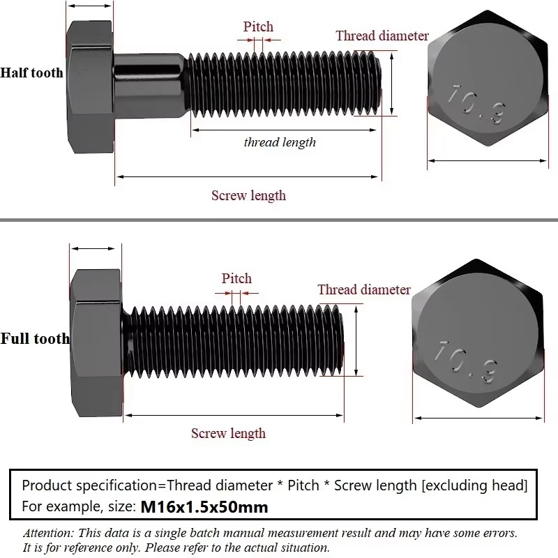 M16 External Hexagon Outside Hex Head Screws Black Grade 10.9 Steel Fine Teeth Bolt Length=25~250mm