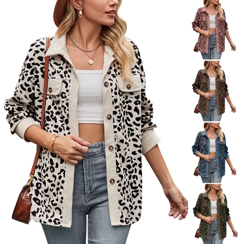 A0NF Womens Corduroy Button Down Shirt Jackets  Long Sleeve Oversized Leopard Print Shacket  Blouses Tops