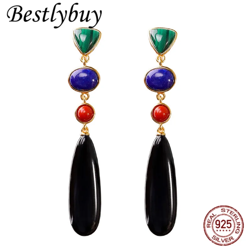 

925 Sterling Silver Women's Fashionable Light Luxury Natural Multi-color Gemstone Droplet Shaped Light Luxury Hanging Earrings