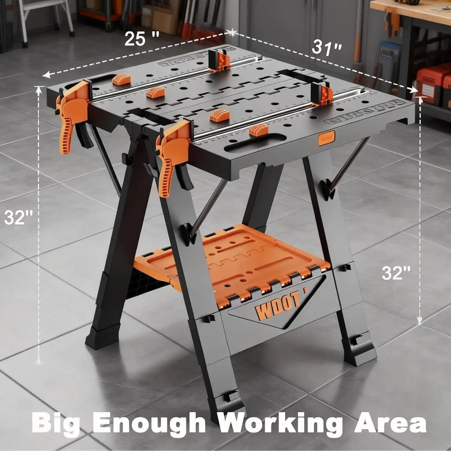 Portable Folding Work Bench Table 2-in-1 with 2 Clamps & 6 Bench Dogs