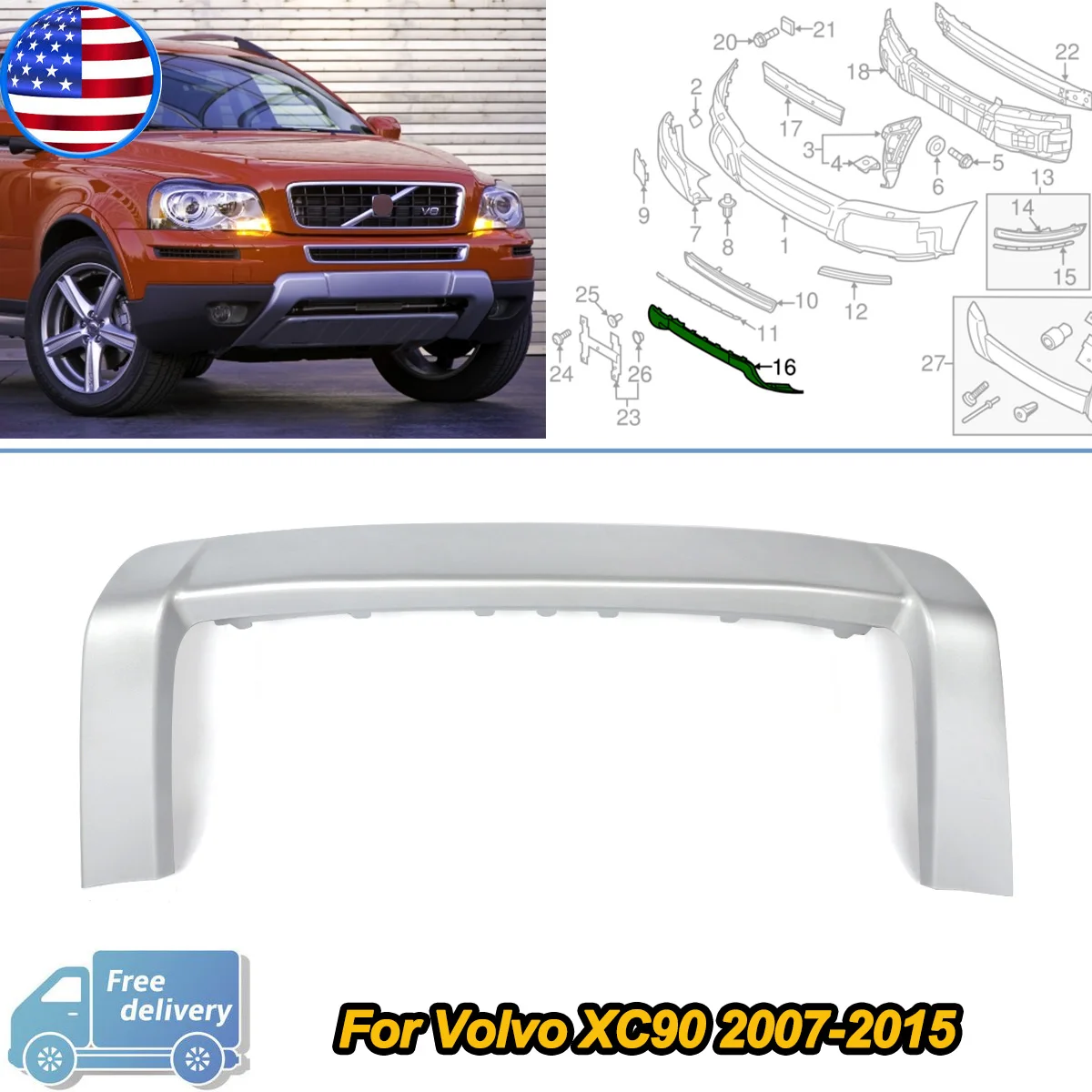 

31323585 For Volvo XC90 2007-2014 2015 Front Bumper Moulding Trim Cover Chrome Silver Color