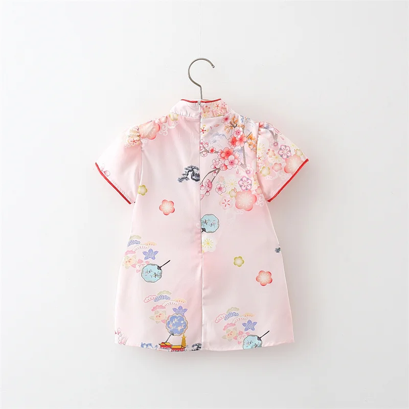 Chinese Style Children Cheongsam Newborn Soft Thin Peach Blossom And Lotus Dress Lovely Baby Girls Dresses Toddler Kid Costume