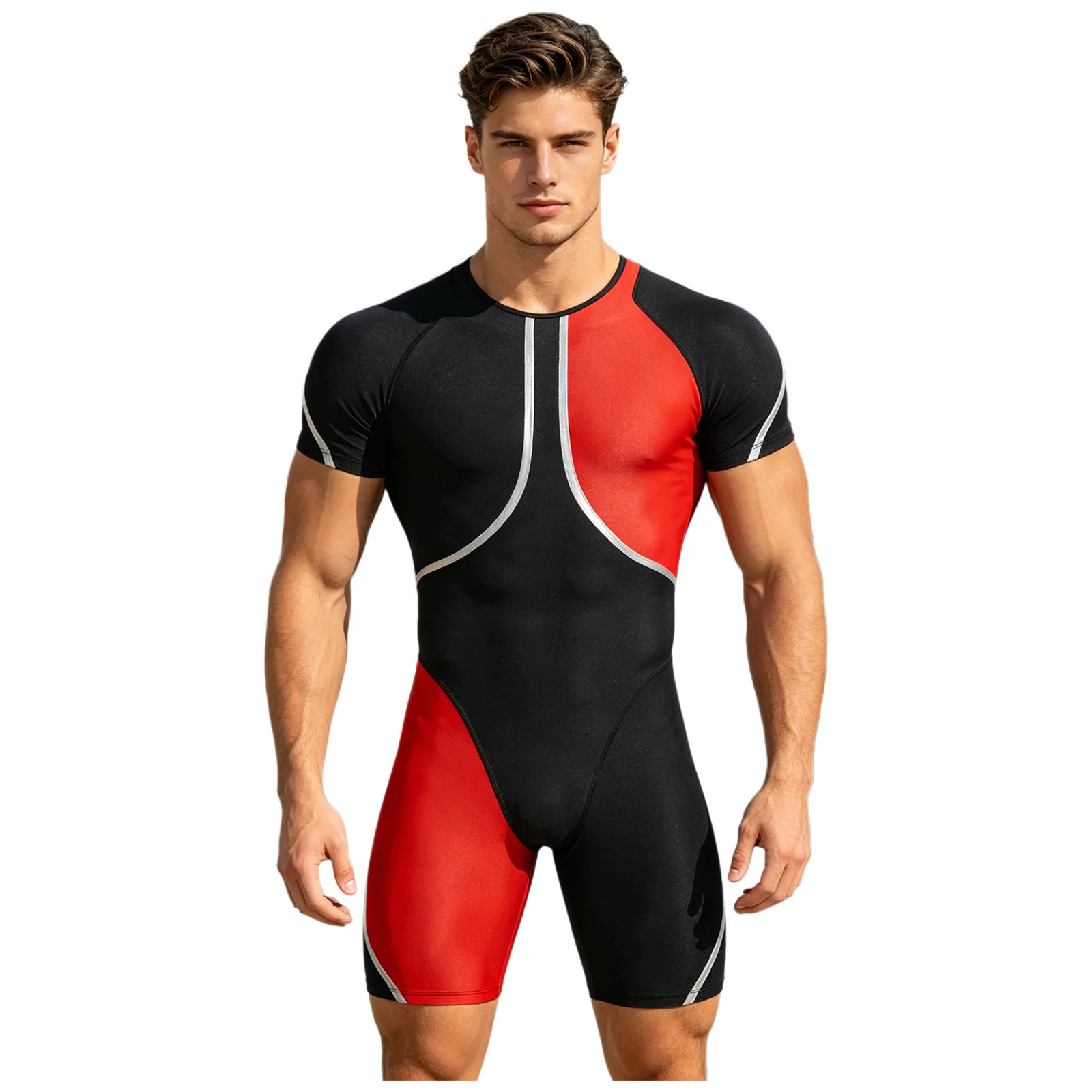 Herren-Einteiler-Rashguard-Tauchanzug, Badeanzug, kurzärmeliger Sport-Bodysuit mit Rückenreißverschluss und metallischem Besatz. – Detail 9