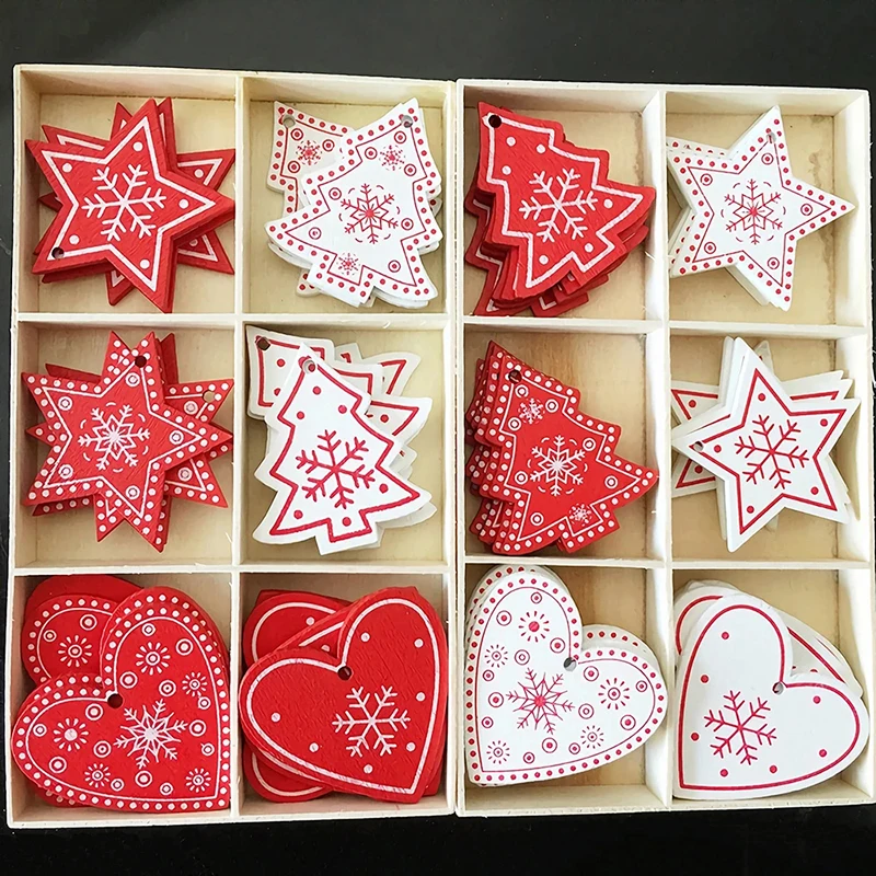 10pcs Christmas Decorations Colored Wooden Xmas Tree Hanging Ornament Heart Snowflake Star Shaped Retro Crafts Diy New Year Gift