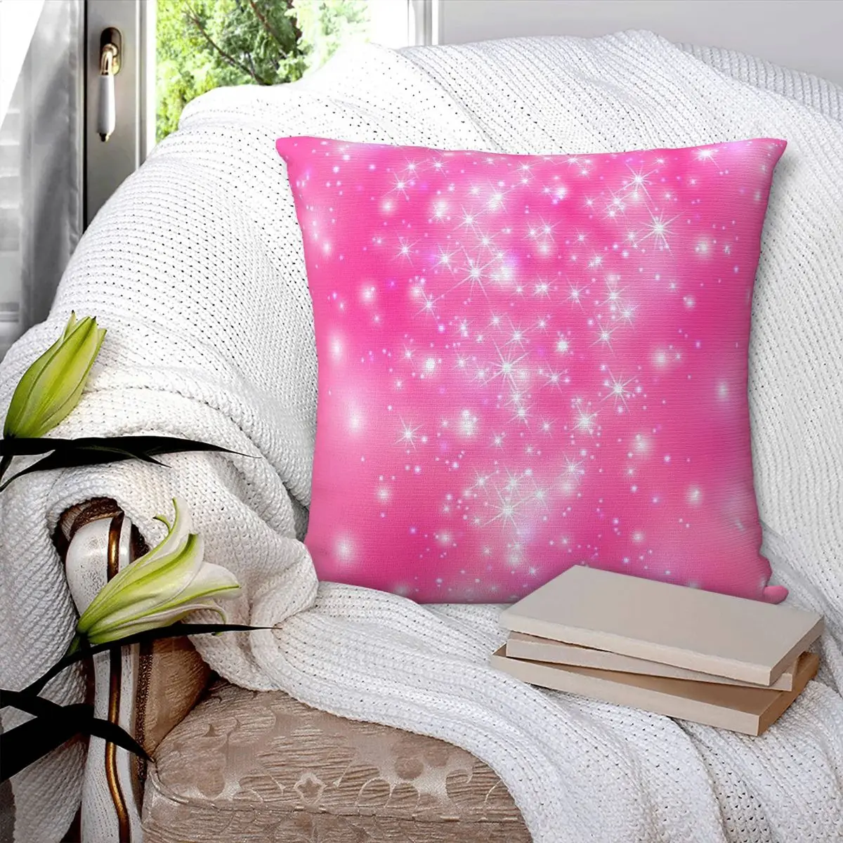 Pink Glitter Sparkle Square Pillowcase Pillow Cover Polyester Cushion Decor Comfort Throw Pillow for Home Living Room