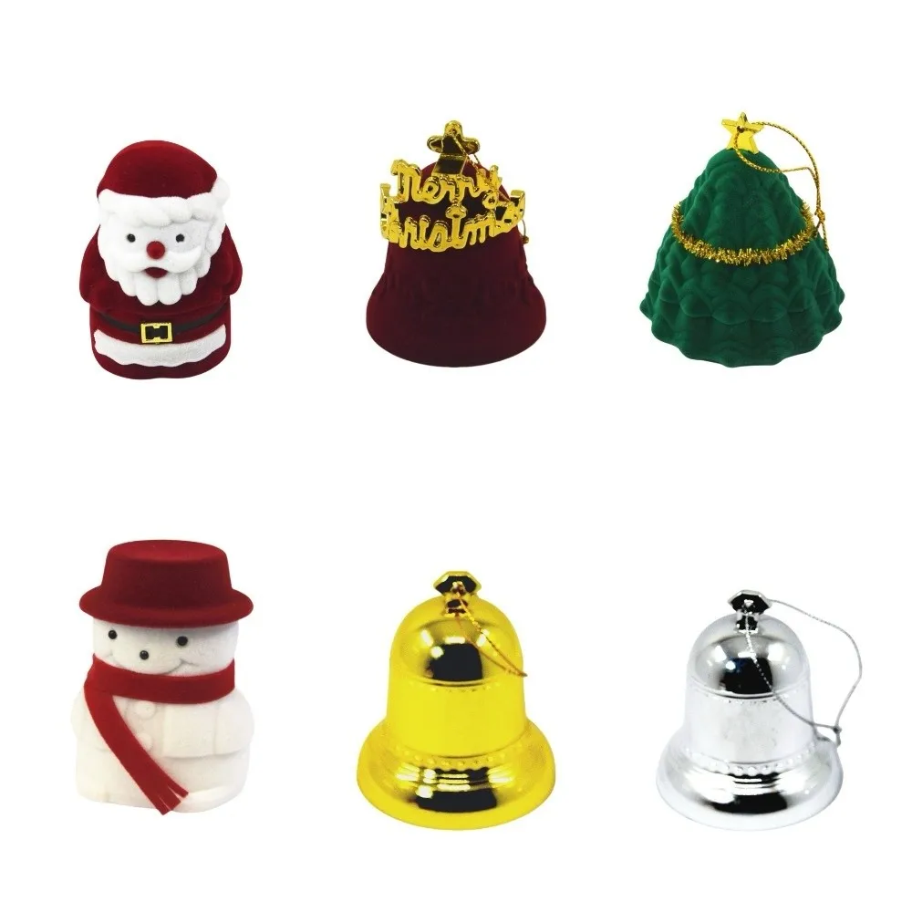 Caja de joyería navideña con campana de Navidad, adorno de árbol de Navidad de boda flocado, muñeco de nieve anticolisión, caja de anillos de Papá Noel