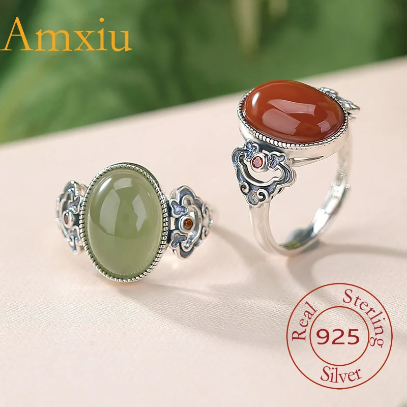 

Стерлинговое серебро Amxiu 925, ручная работа, южный красный агат, Хэтянь, нефритовое яйцо, поверхность, узор зуба Ruyi, серебряное кольцо в китайском стиле