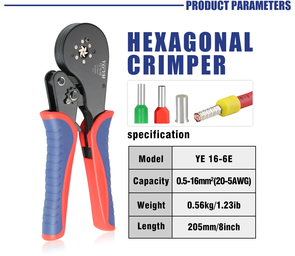 Aderendhülsen-Crimpzange YE 16-6E 0,5–16 mm2/20–5 AWG Rohrklemmen Mini-YEFYM-Zange für große Anschlüsse elektrische Klemmen – Detail 3