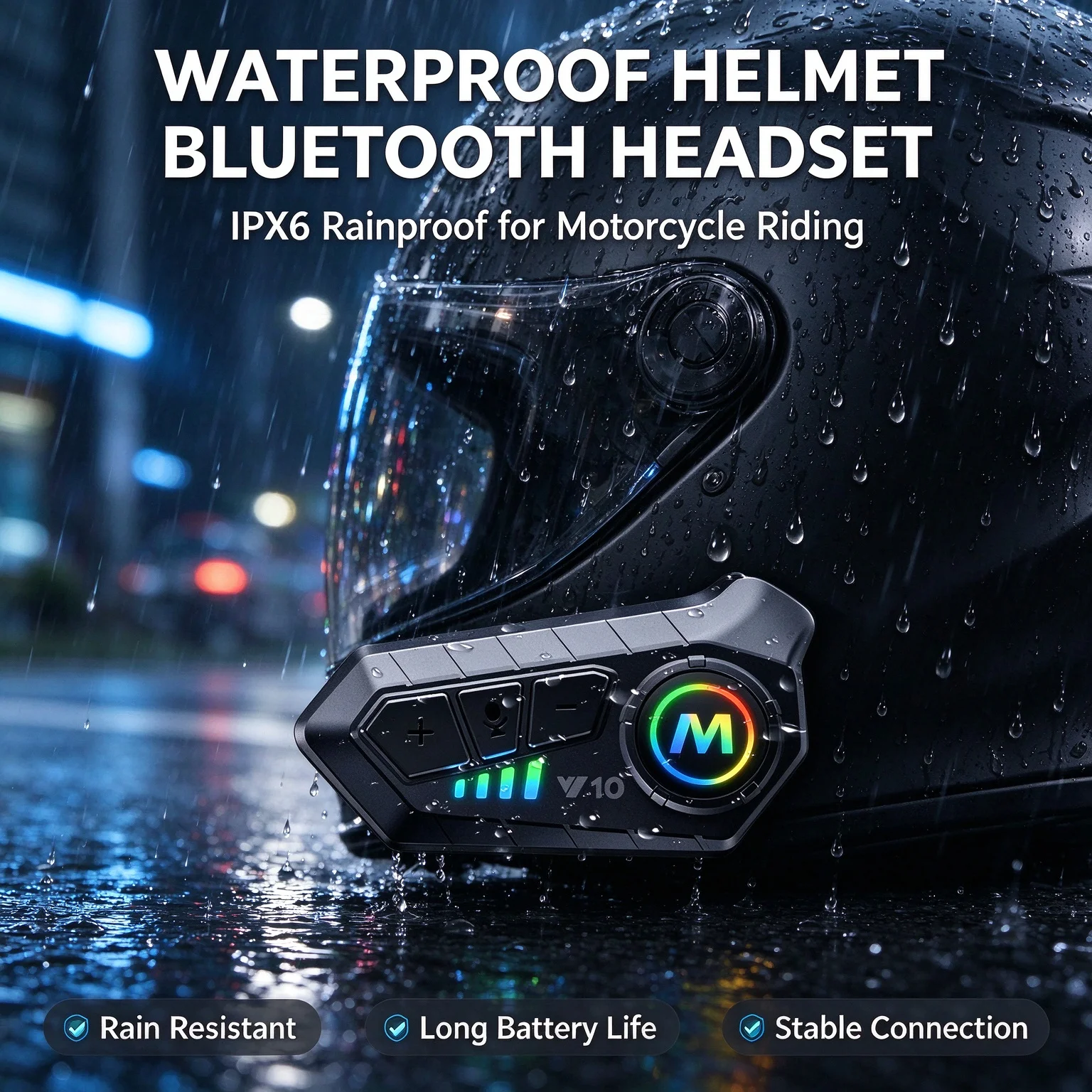 Motorcycle Cycling Helmet Bluetooth Headset Waterproof Noise Reduction Intercom Long Battery For Half & Full Helmets Riding Gear