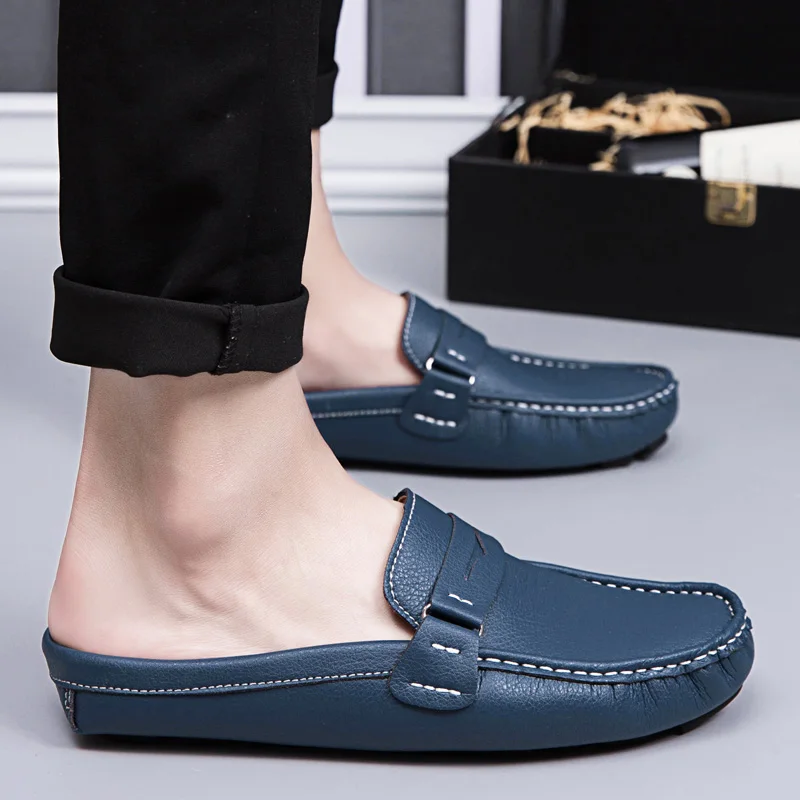 2023 Men Half Shoes Casual Luxury Brand Italian Handmande Slipon Men Driving Shoes Leather Summer Comfort Slippers Loafers White