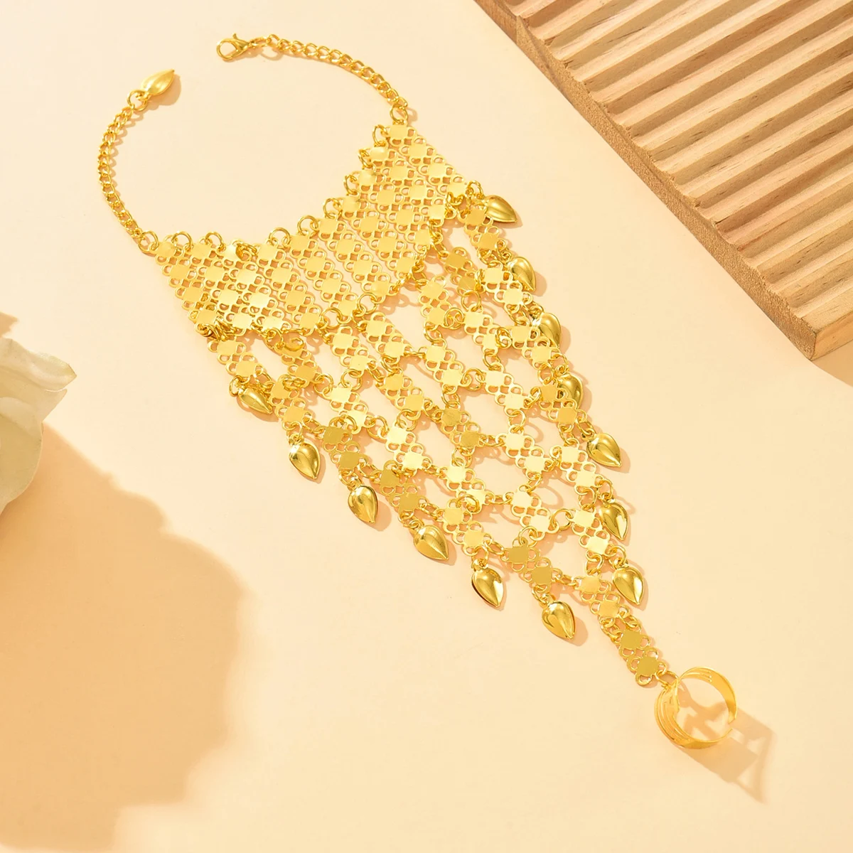 Vintage Ethnic Style Golden Plated Alloy Finger Bracelet With Ring Middle Eastern Exotic Back Chain Accessory For Dancer