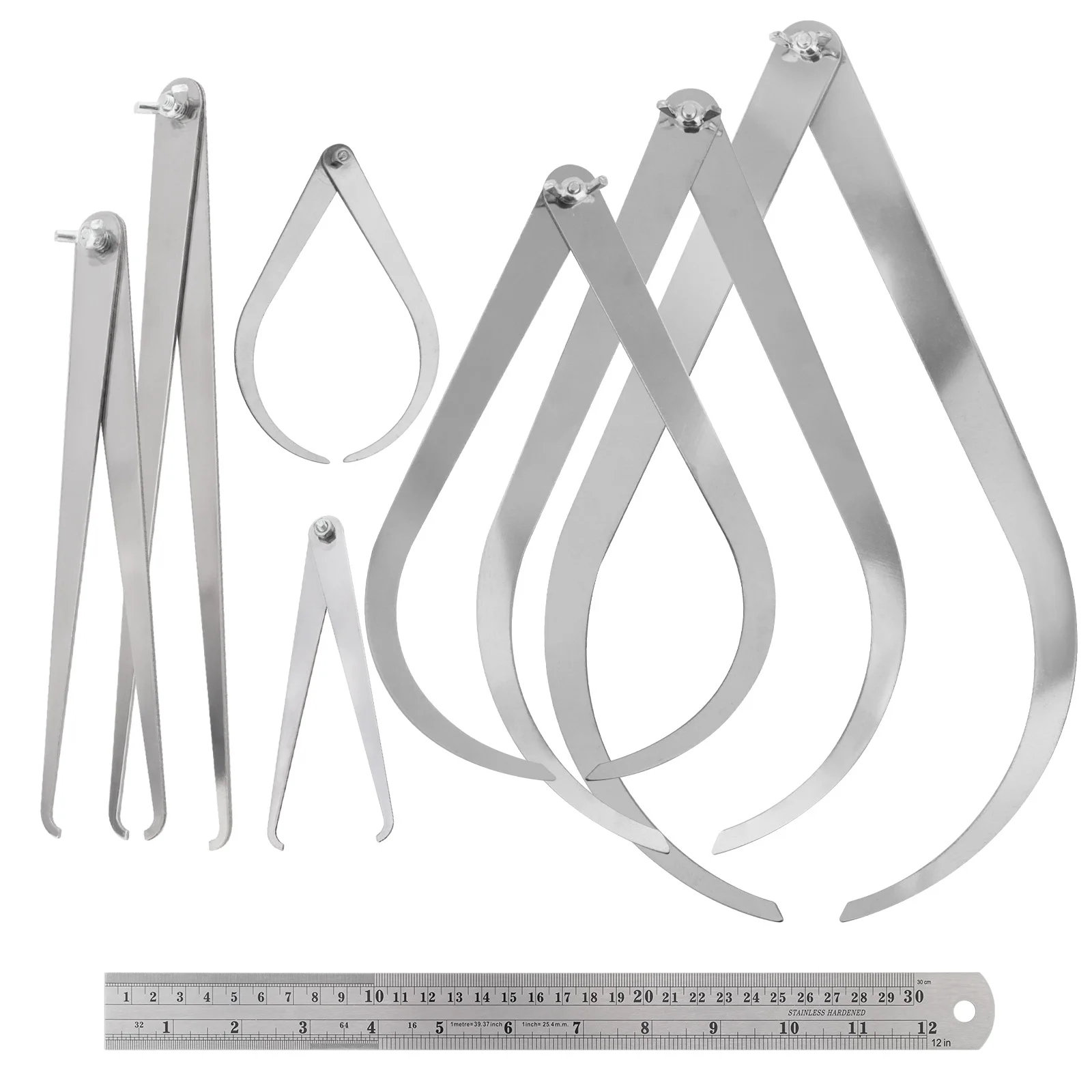 8 pcs Stainless Steel 4 / 8 / 10 / 12 inch Bent Leg Calipers & Inside Calipers for Modeling / Carving with Straight Ruler