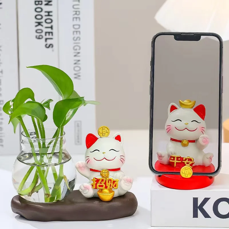 

Cute Mini Lucky Cat Cellphone Holder Resin Ornament Home Office Car Decoration Good Fortune Fengshui Men Women KidGift Miniature