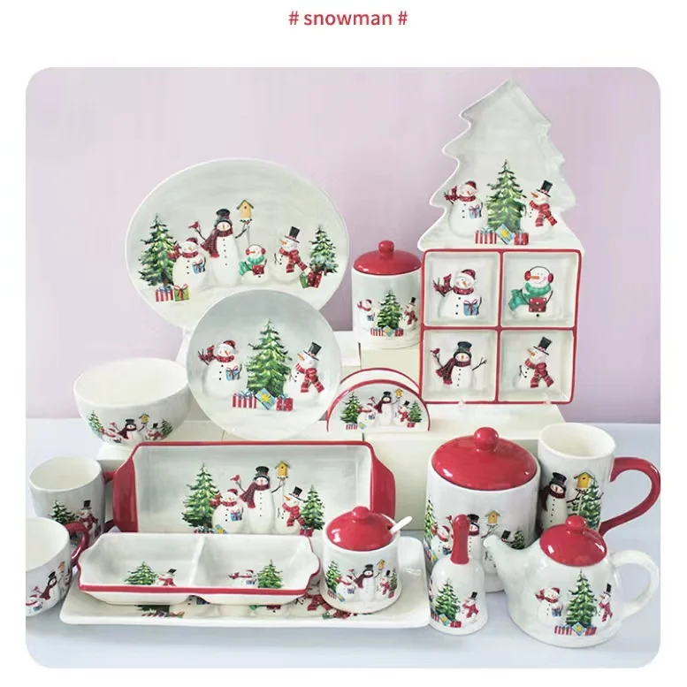 Nordic Christmas Snowman Tableware Set Embossed Rice Salad Bowl Plate Cup Tableware Wholesale Ceramic Carton Giveaway Country