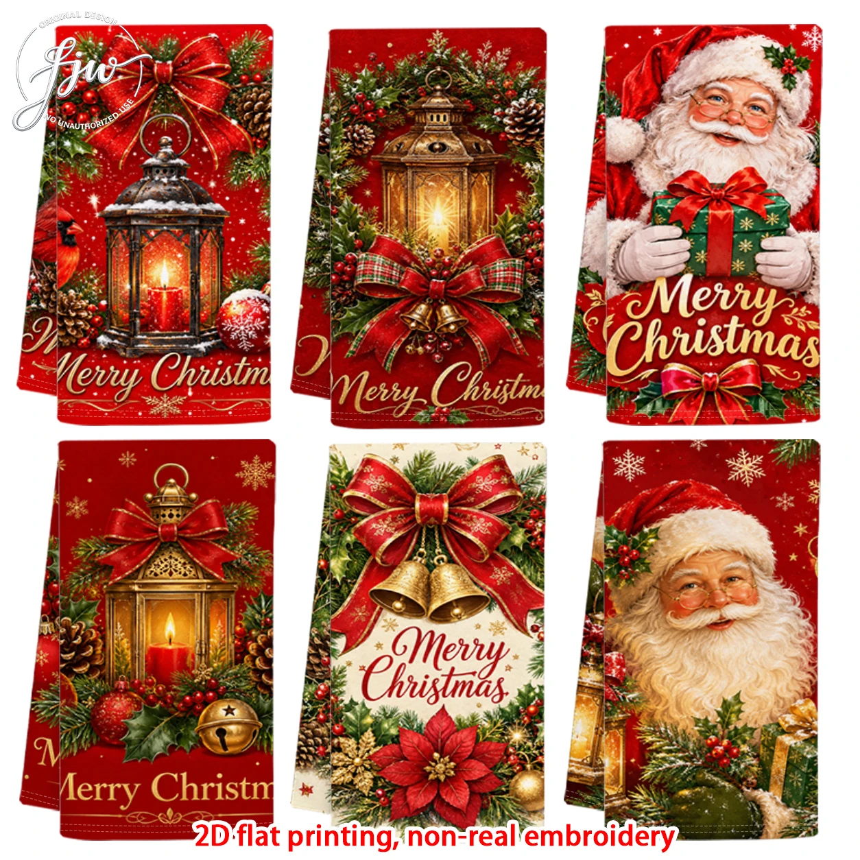 6pcs Christmas Kitchen Towels Vintage Xmas Santa Lantern Holiday Dish Towels for Winter Home Decor