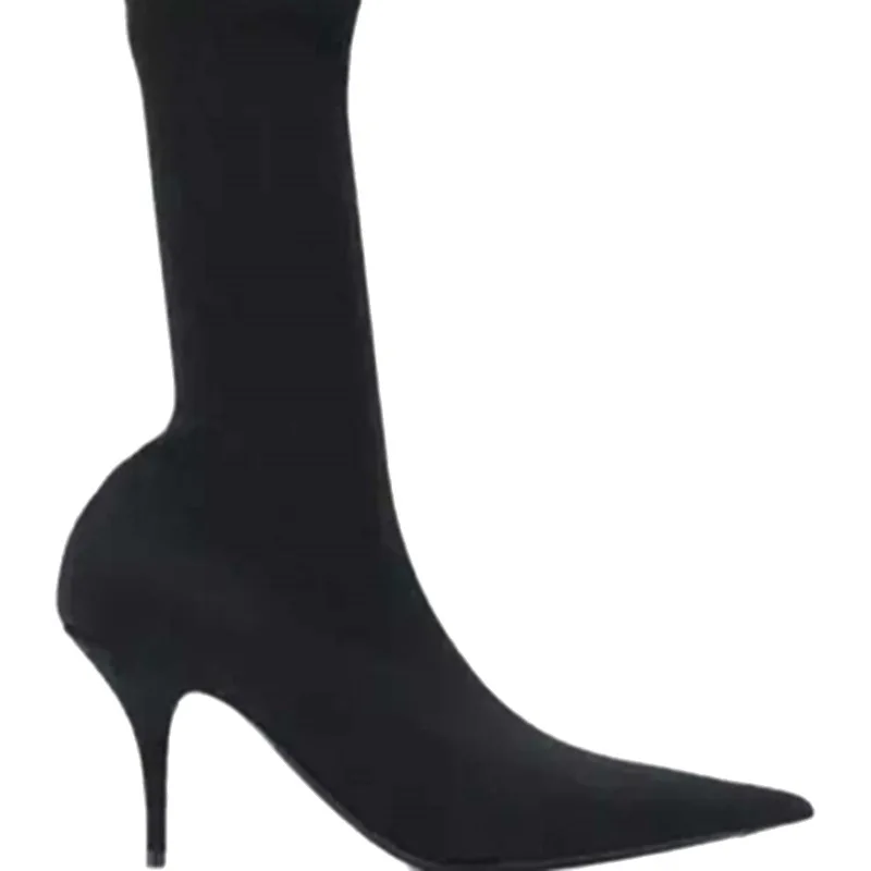 Stretch Slim Mid Calf Boots Pointed Toe High Heel Sock Boots Black Elastic Fitting Boots - Image 5