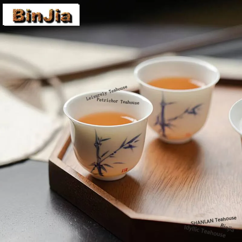 

2pc/set White Porcelain Handmade Master Cup Japanese Handpainted Blue Bamboo Teacup Creative Tea Pair Fragrance Tea Bowl 45ml
