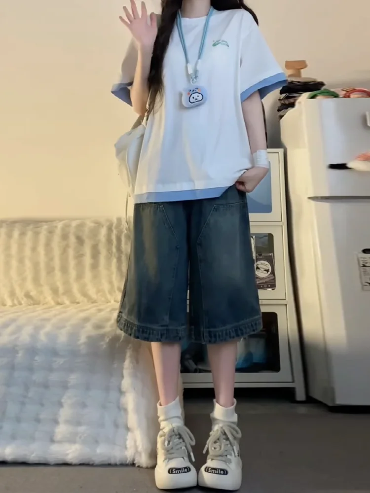 Sweet Cool Spicy Girl American Style Workwear Seven-Quarter Denim Shorts Women Summer Design Loose Slim Wide Leg mid Hot Pants