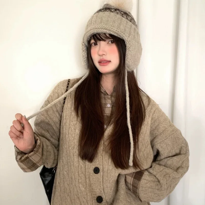 

Vintage Fair Isle Trapper Hat - Women's Fall Winter Thickened Ear Flap Cold-Resistant Knitted Hat