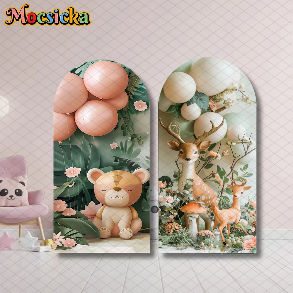 ฉากหลังโค้ง Mocsicka สำหรับงานวันเกิด งานแต่งงาน งานเลี้ยงฉลอง  แบบยืดหยุ่นสองด้าน  ตกแต่งด้วยดอกไม้และลูกโป่ง