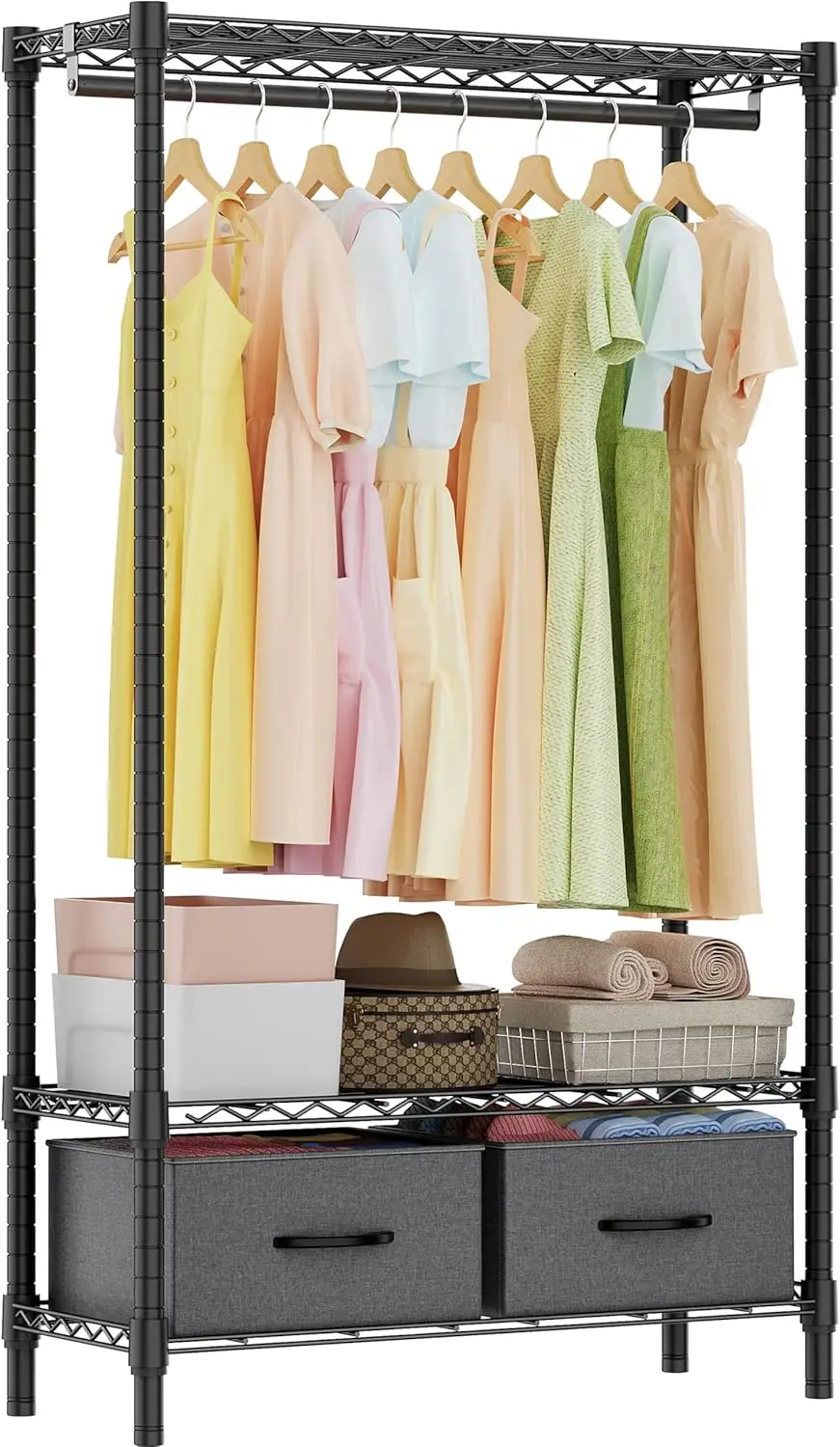 

3-Tier Adjustable Rolling Garment Rack with Drawers, Dark Grey Storage Closet Organizer 15.8"D x 35.5"W x 72.4"H