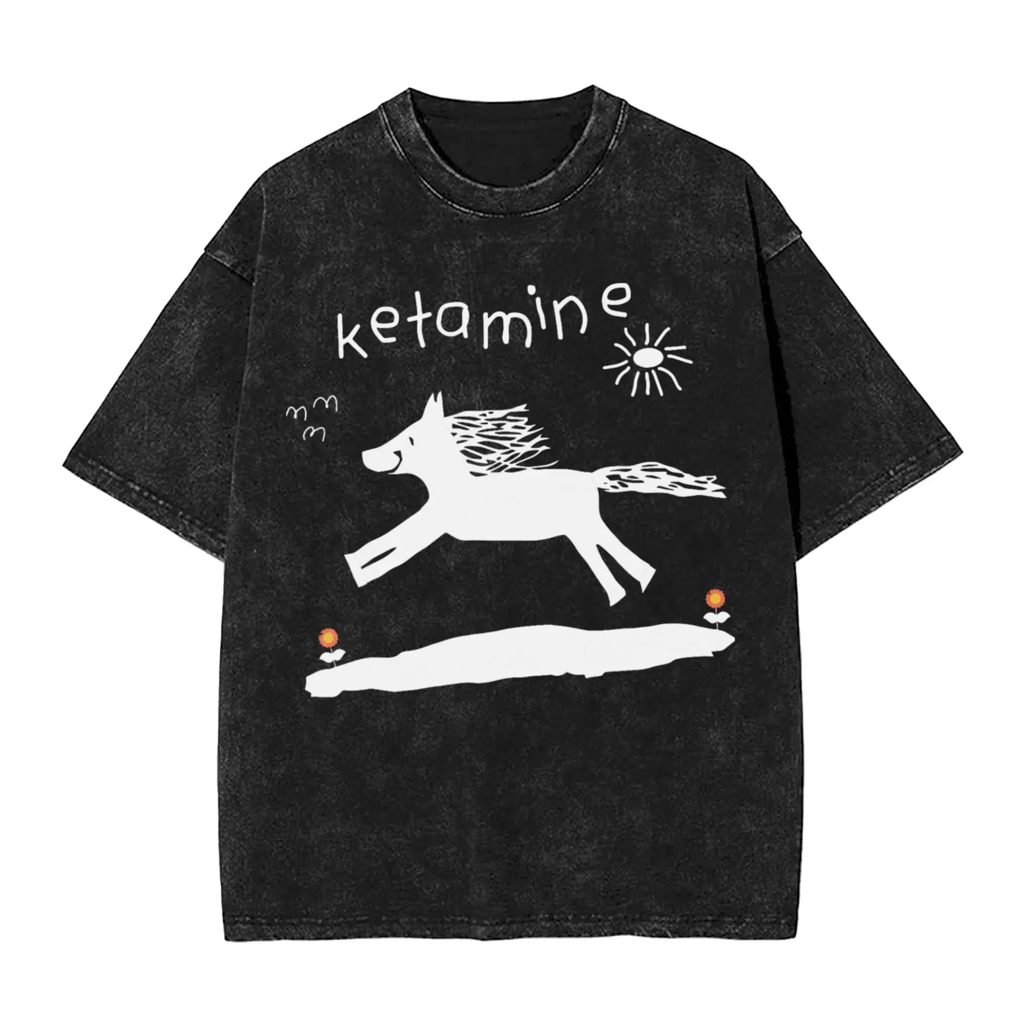 Harajuku Washed T-Shirt Ketamin Horse Emergency Tee Funny Simple T Shirts  Hip Hop Tshirt for Male Summer Y2K Clothing