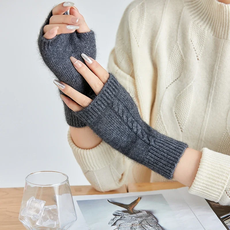 100% Mink Cashmere Knitted Fingerless Glove For Women Winter Warm Solid Soft Half Mitten Lady Korea Fashion Cashmere Wristband