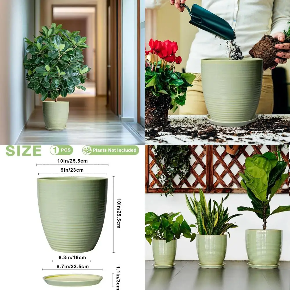 

Круглый цветочный горшок 10 дюймов с дренажем для использования в помещении или на улице, идеально подходит для декора дома и офиса, зеленый