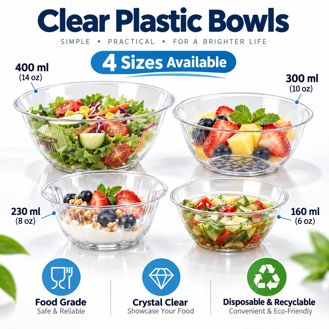 160Ml/230Ml/300Ml/400Ml Transparent Plastic Crystal Bowl, Food-Grade Salad Bowl, Dessert Bowl, Sauce Bowl, Suitable for Fruits, Yogurt, Snacks, Parties, Takeout, and Daily Use