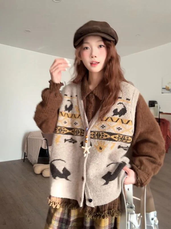 

Autumn Winter Gentle Lazy Style Retro Wooden Long Sleeve Shirt Knitted Color Block Cardigan Two Piece Set for Women Casu...