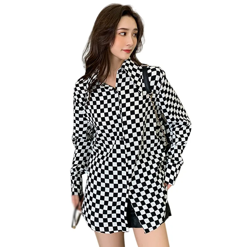 

Women's Plaid Shirt Long Sleeve Turn-down Collar Long Button down Shirt Casual Blouse Tops