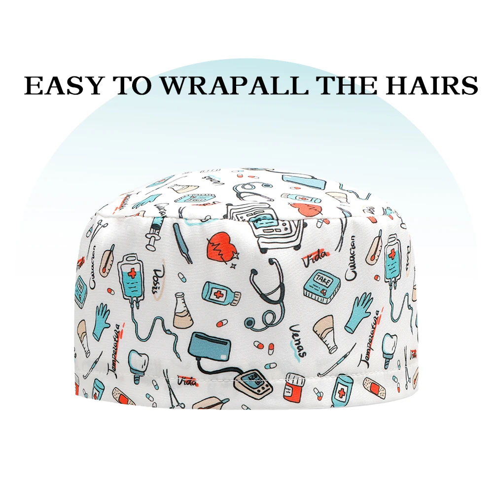Casquettes de gommage médical imprimées, casquettes chirurgicales pour cheveux longs, couvre-chef de salle d'opération, chapeau de travail de clinique pour animaux de compagnie, médecin, infirmière, dentiste, F