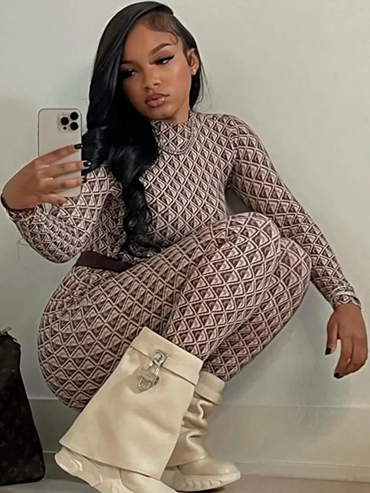 Damskie kombinezony z nadrukiem na wiosnę i lato, z długim rękawem, okrągłym dekoltem, luźne, modne, streetwearowe, spodnie typu ołówkowe, spodnie, 2026