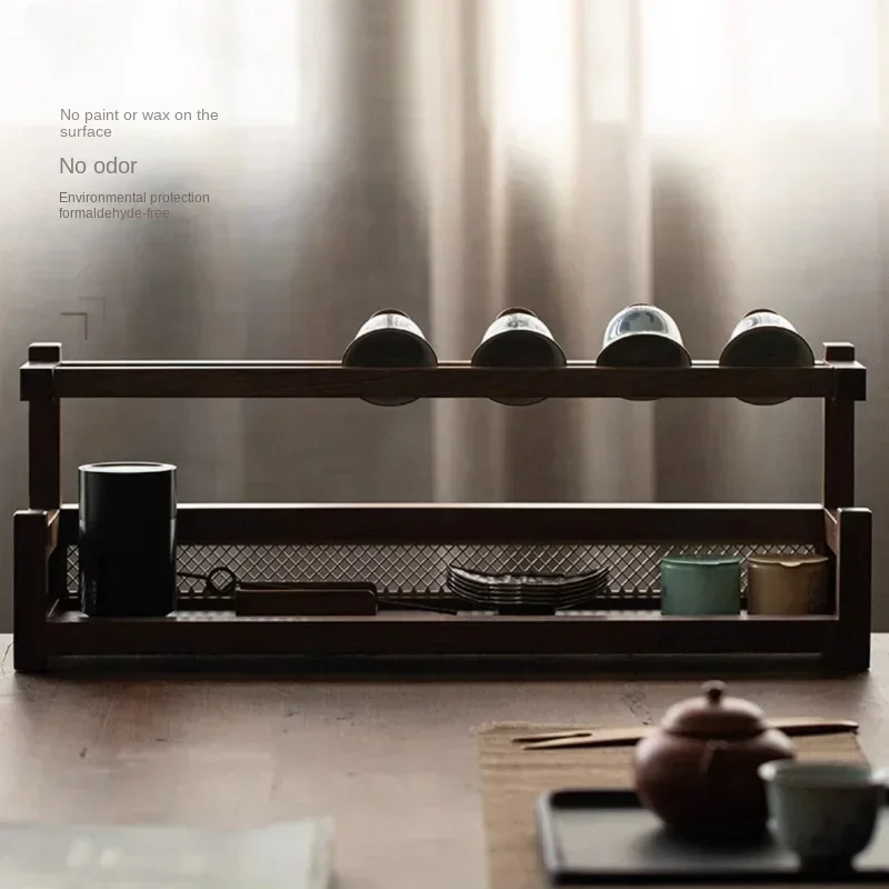 Black Walnut Tea Cup Rack – Chinese Style Kitchen Storage, Desktop Organizer for Tea Set and Teapot, Elegant Tea Cup Display.
