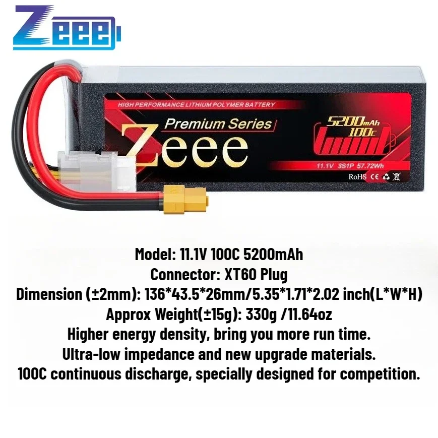 

Zeee Premium Series 3S Lipo Battery 5200mAh 11.1V 100C Soft Case with XT60 Plug for RC Plane RC Car