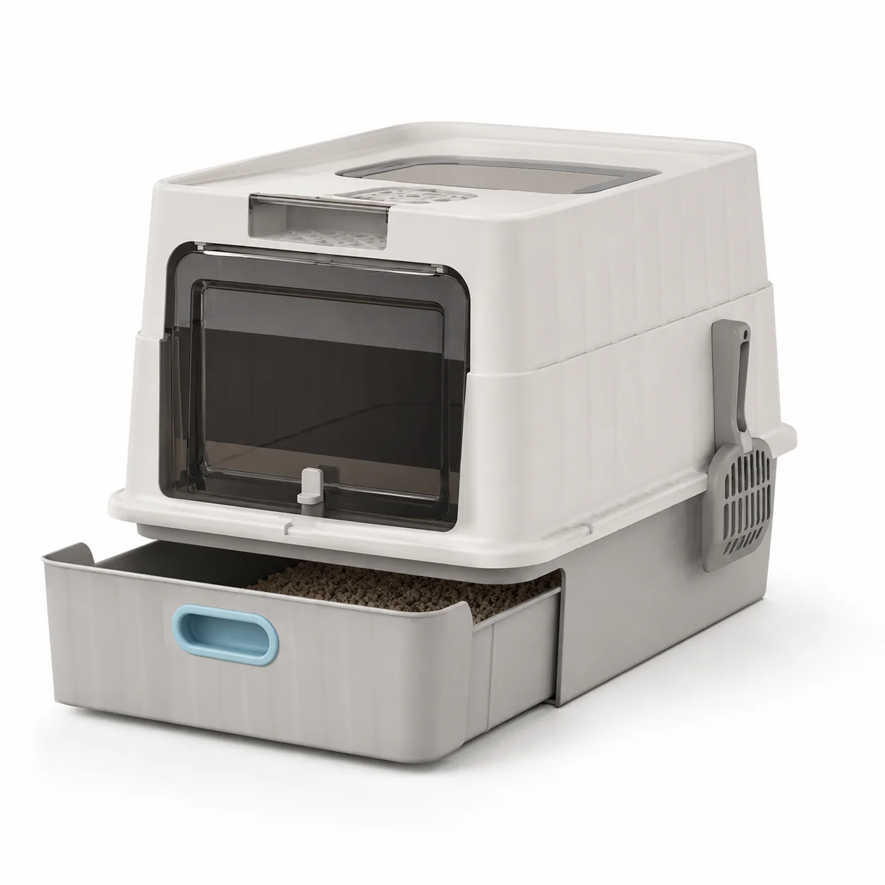 

Enclosed Cat Litter Box with Pull-Out Drawer, Top Access Lid, Front Door, Scoop, Easy Clean Toilet for Cats