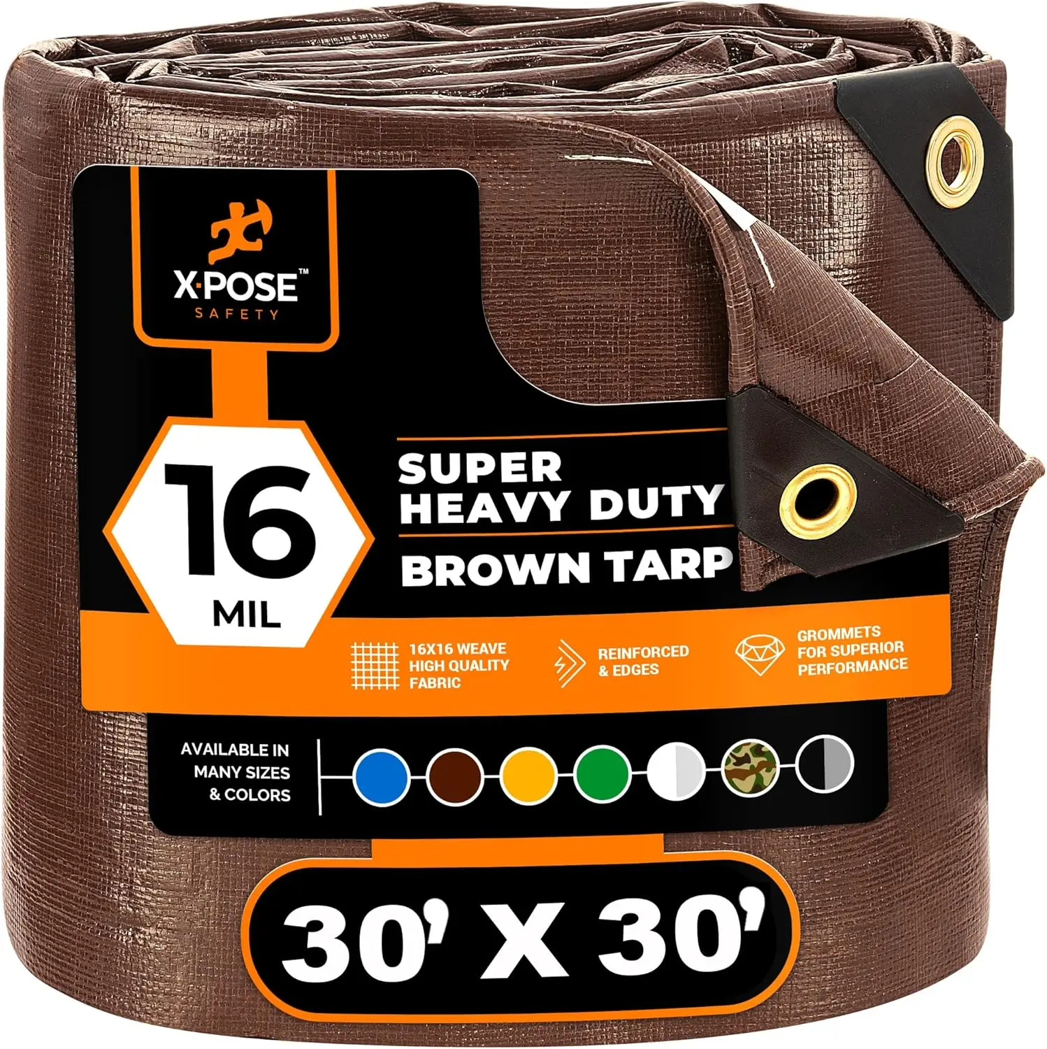 30' x 30'   Duty 16 Mil Brown Poly Tarp Cover - Thick Waterproof, UV Resistant, Rip and Tear Proof Tarpaulin with Grom