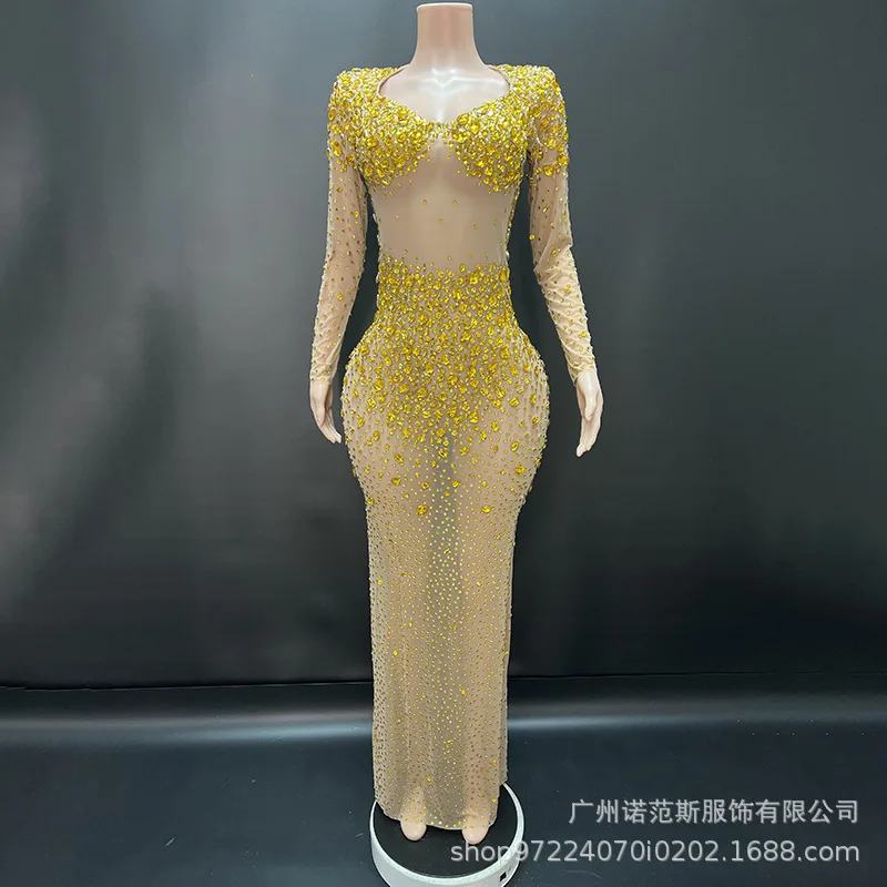 High-end Rose Red Sparkling Diamond Temperament Long Dress Party Women High-end Dress Dragon Fruit Kleider Für Besondere Anlässe