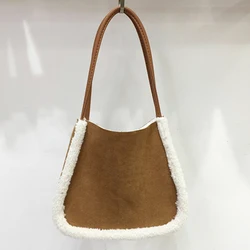 Faux Suede Bucket Bags For Women Luxury Designer Handbags Purses 2023 New Vintage Mitation Lambswool Plush Underarm Shoulder