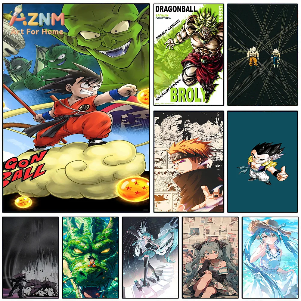 AZNM Dragon Ball & Hatsune Miku Anime Canvas Wall Art Print Broly Goku Shenron Unframed Home Decor Painting