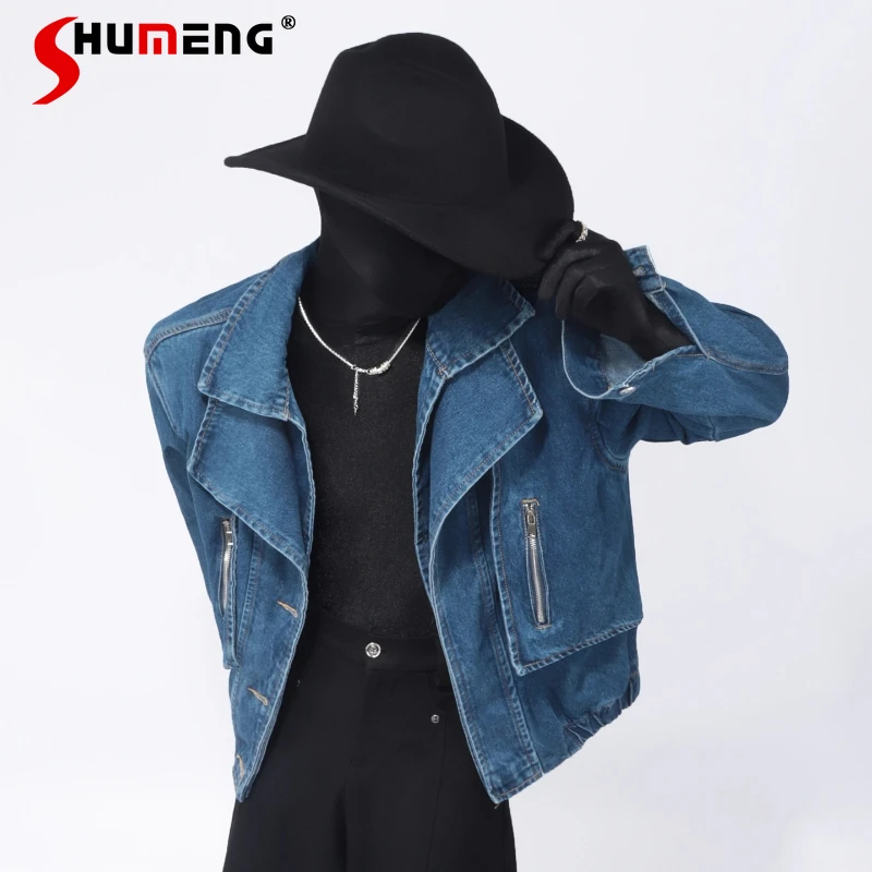 

American Style Retro Denim Jackets Men 2025 Trendy High Street Short Style Jacket Male Zipper Decoration Long Sleeve Denim Coats