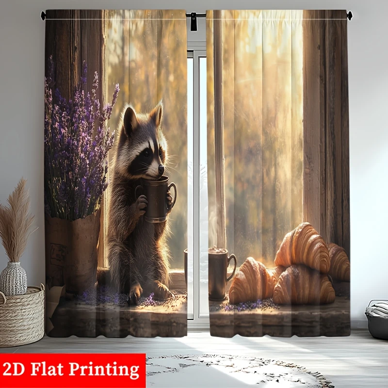Cute Raccoon Drinking Coffee Curtain, Cozy Forest Morning Scene Drape, Realistic Animal Art Home Decor for Living Room Kitchen