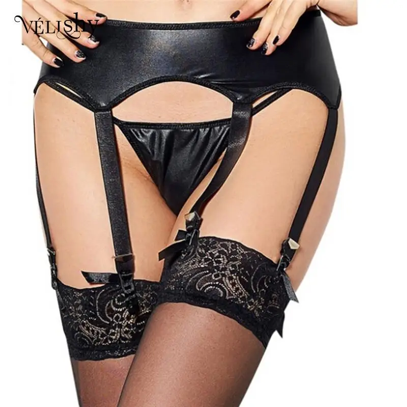 Porte-jarretelles en similicuir pour femme, ensemble porte-jarretelles en latex noir avec culotte de sous-vêtement, taille M média