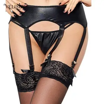 Sexy Faux Leather Latex Garter Belt With G String For Stockings Clubwear Lingerie Party Supplies For Women Black