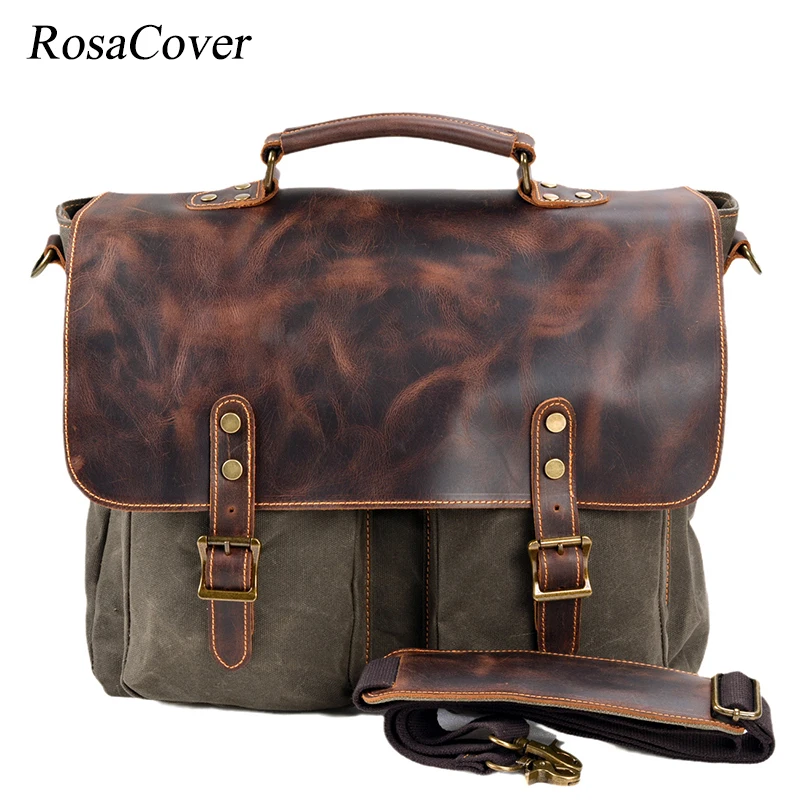 Men's Retro Canvas Leather Single Shoulder CrossBody 16 Inch Business Laptop Bags Multifunction Waterproof Briefcase Handbags