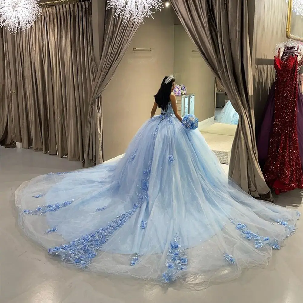 ANGELSBRIDEP Sky Blue Tull Sweetheart Ball Gown Quinceanera Dresses 2023 3D Flowers Appliques Vestidos De Baile Robes De Soirée