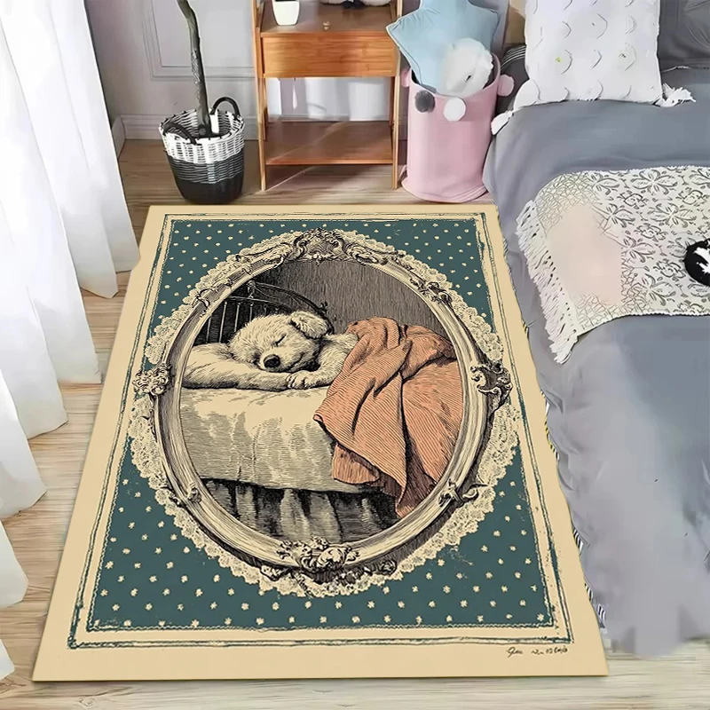 

Милый коврик с изображением животных для дома: декор для гостиной и спальни, с рисунком щенка и медведя, винтажный узор, нескользящий, мягкий напольный коврик