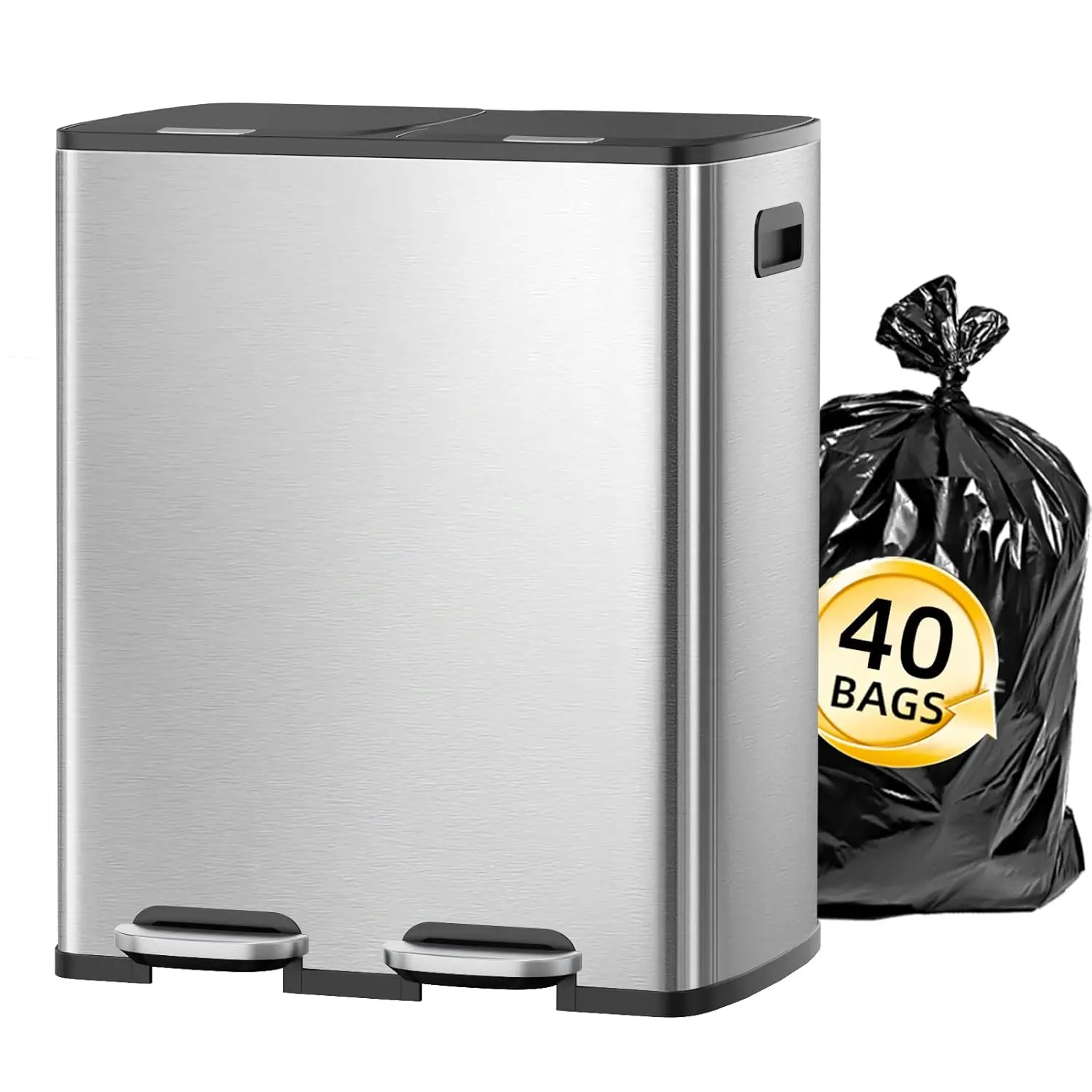 

60 Liter / 16 Gallon Dual Trash Can with Lid, Stainless Steel Kitchen Step Garbage Can, 2 x 8 Gal Double Compartment Classifi