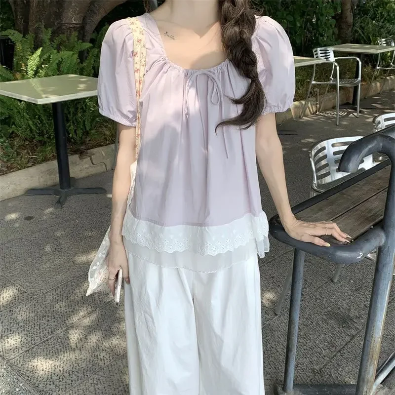 

Blouse Female Clothing Fashion Lace Spliced Summer French Style Square Collar Drawstring Casual Shirts